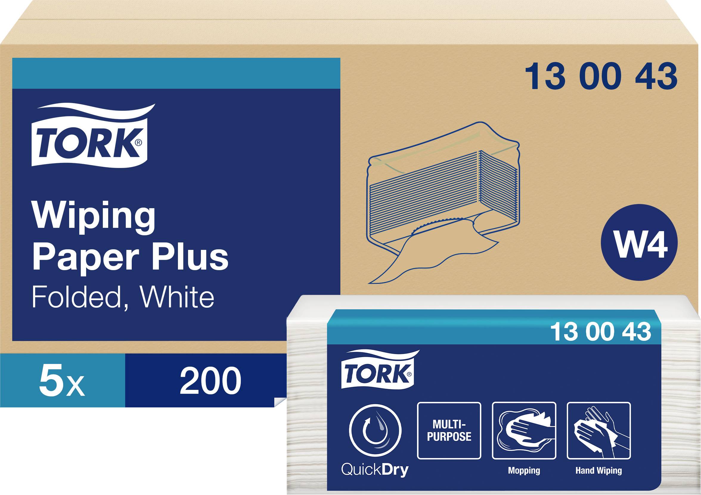 Tork Plus-våtservetter, vikta, vita, 200 dukar per förpackning. Förpackningen visar symboler för allmänt bruk, torkning och handtorkning.