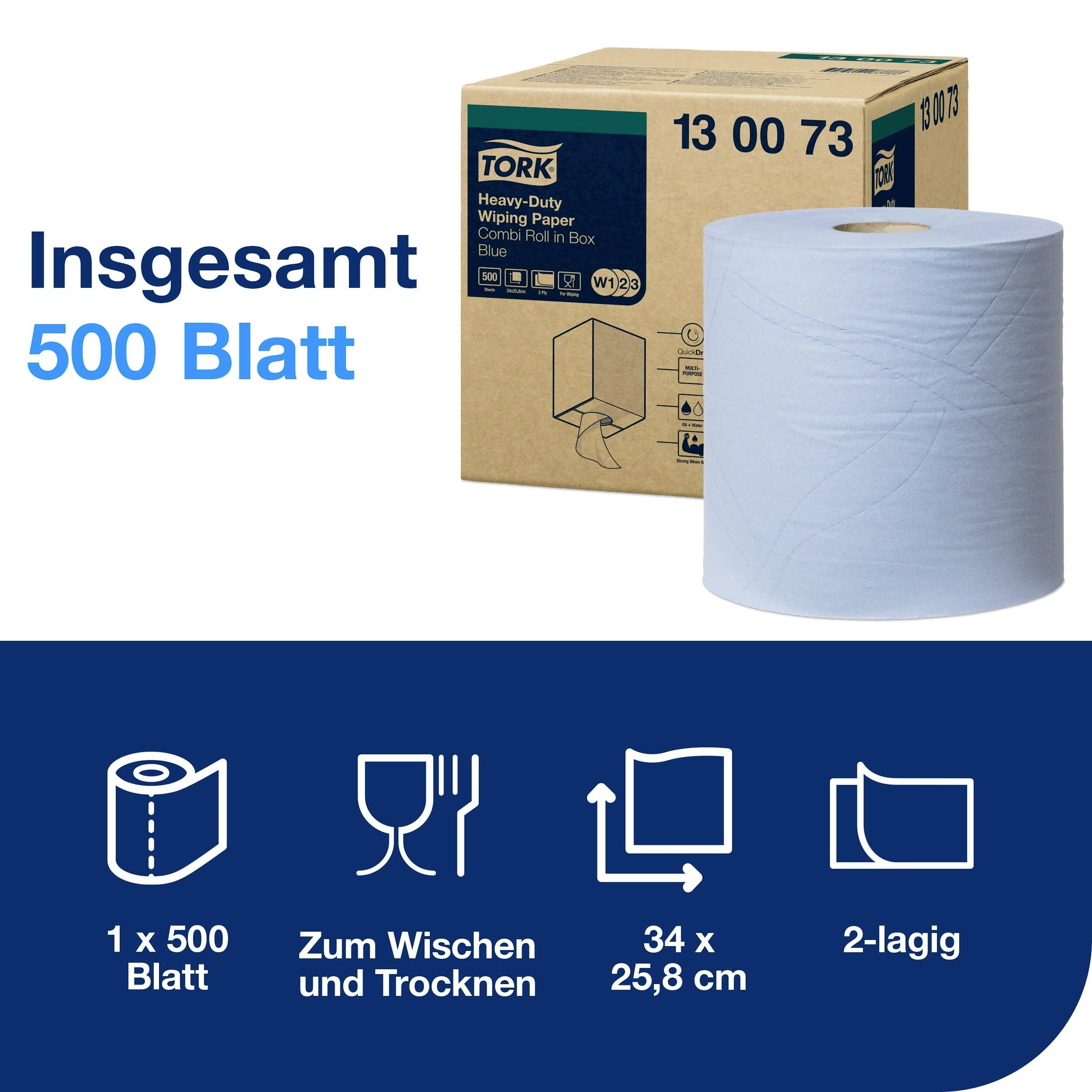 Blå pappershandduksrulle och förpackning med text 'Totalt 500 ark', symboler visar användningsområden som torkning och rengöring.