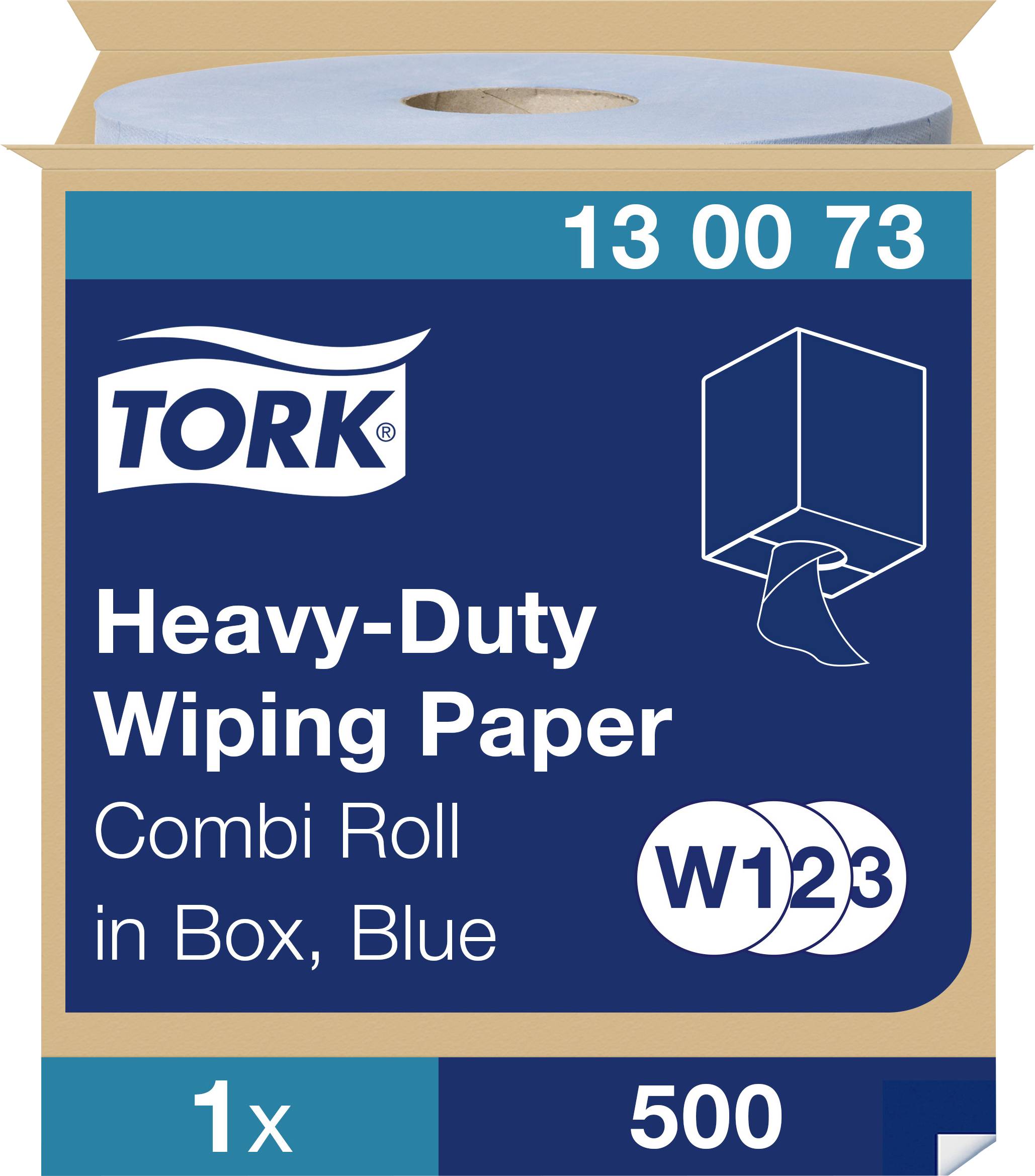 Tork-förpackning: "Robust torkpapper, Combi-rulle, Blå", 1x500 ark. Rektangulär låda med öppning upptill för uttag av servetter.