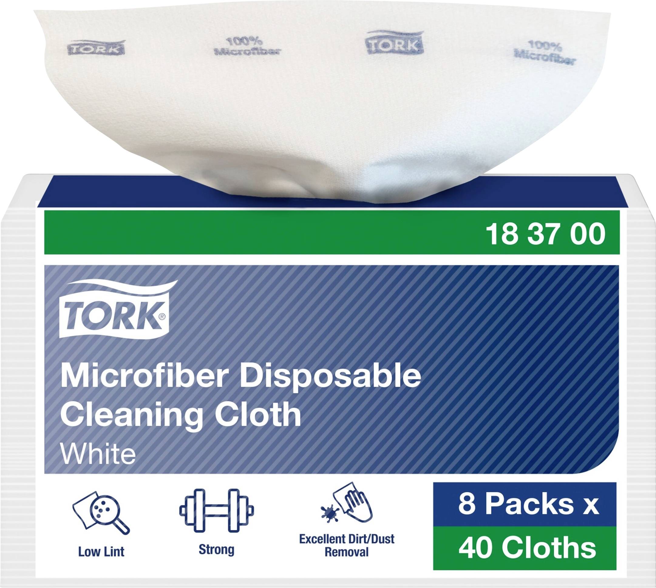 TORK Mikrofiberduk Engångsrengöringsduk, vit, innehåller 8 paket med 40 dukar vardera. Utmärkt smutsborttagning.