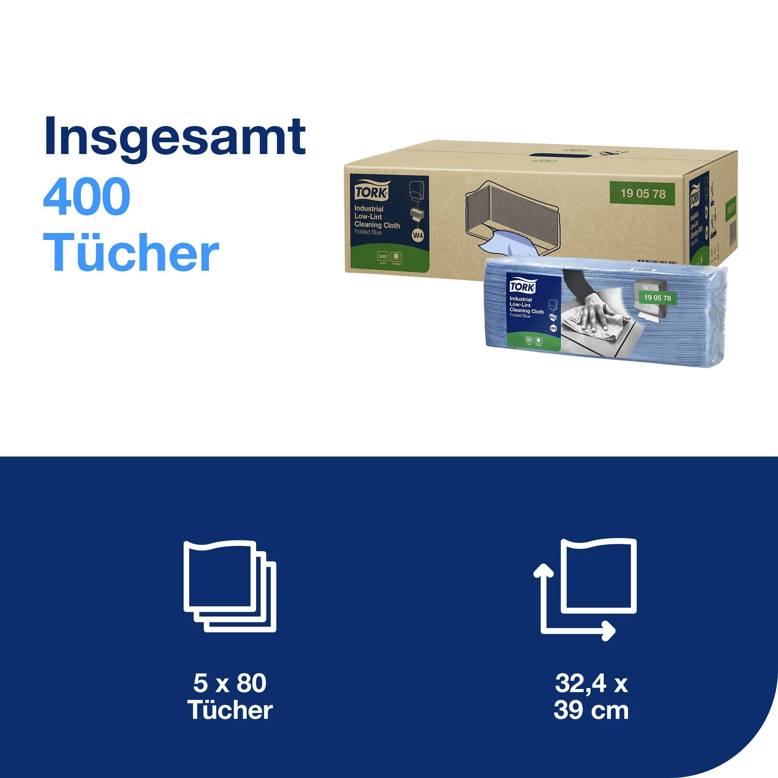 Kartonger och förpackning av Tork rengöringsdukar med totalt 400 dukar. Förpackningen visar mått: 32,4 x 39 cm och 80 dukar per förpackning.