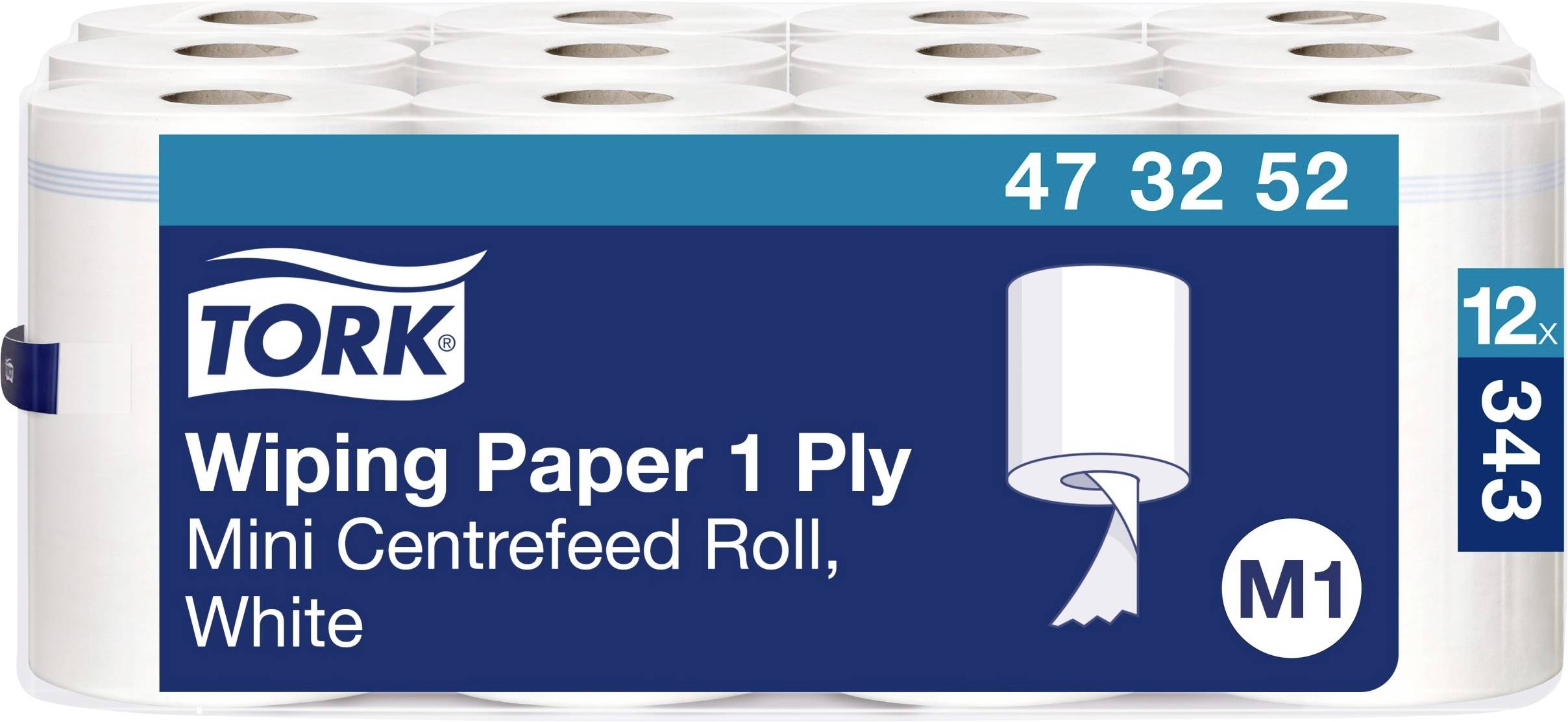 Förpackning av 'Tork Wiping Paper 1-lagers', Mini Centerfeed rulle, Vit, M1, med artikelnummer 473252, innehåller 12 rullar.