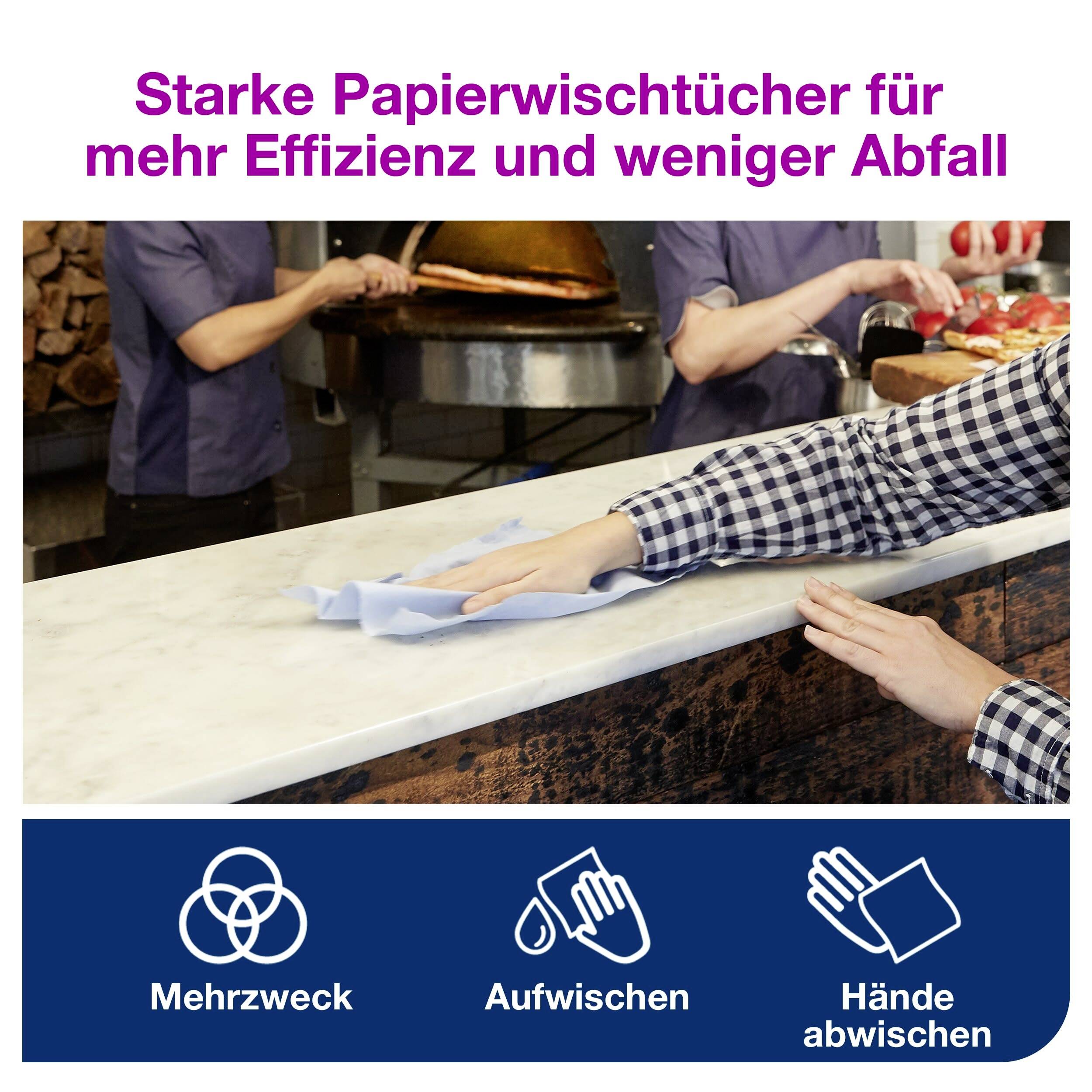 Starka pappersdukar för ökad effektivitet och mindre avfall<br><br>(En person torkar av bardisken med en pappersservett)<br><br>Symboler längst ner: Mångsidig, Torka upp, Torka händer