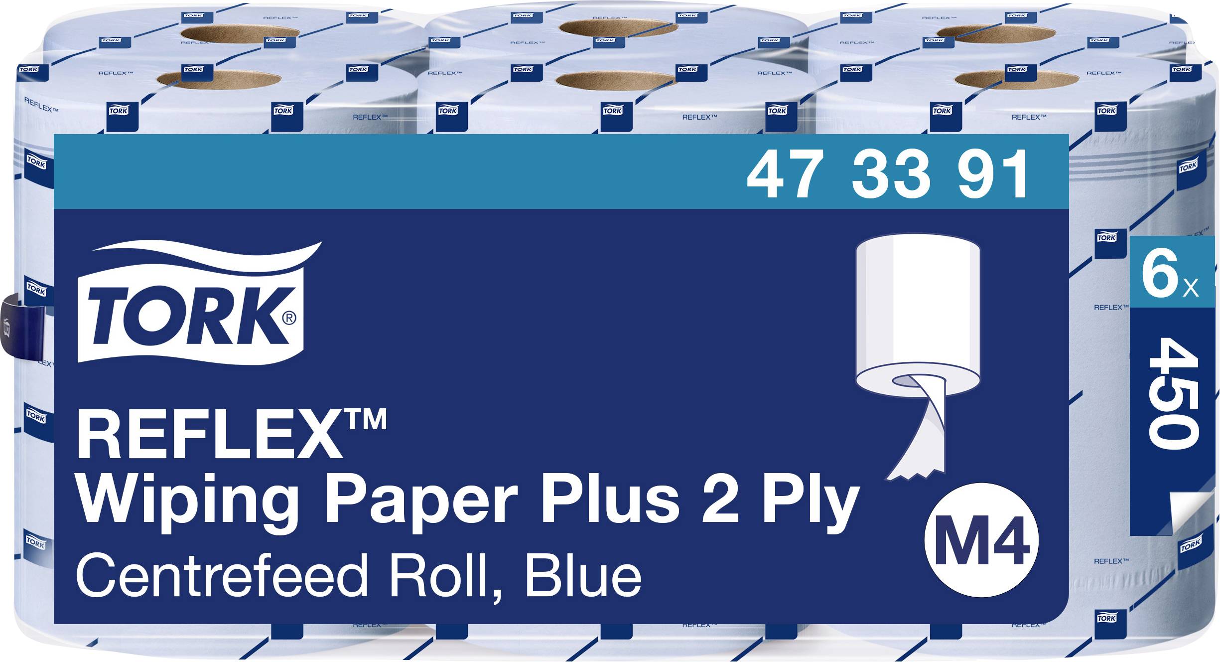 Tork Reflex Torkpapper Plus, 2-skikts, inneravrullning, Blå, M4-system, 6 rullar à 450 ark, Artikelnummer 473391