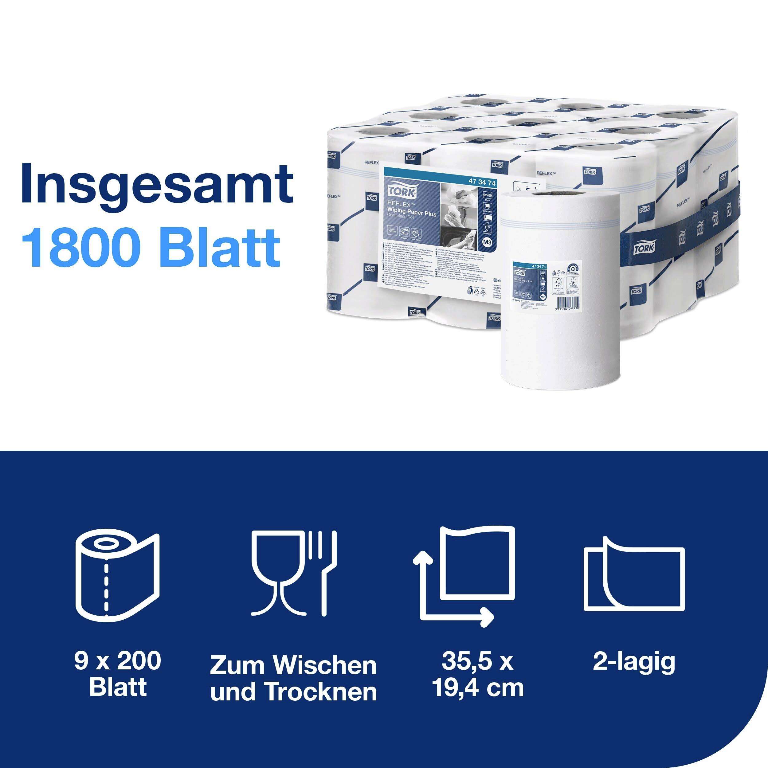 "Totalt 1800 ark", visar en förpackning med nio vita hushållspappersrullar. Symboler: Pappersrulle, bestick, mått '35,5 x 19,4 cm', '2-skiktad'.