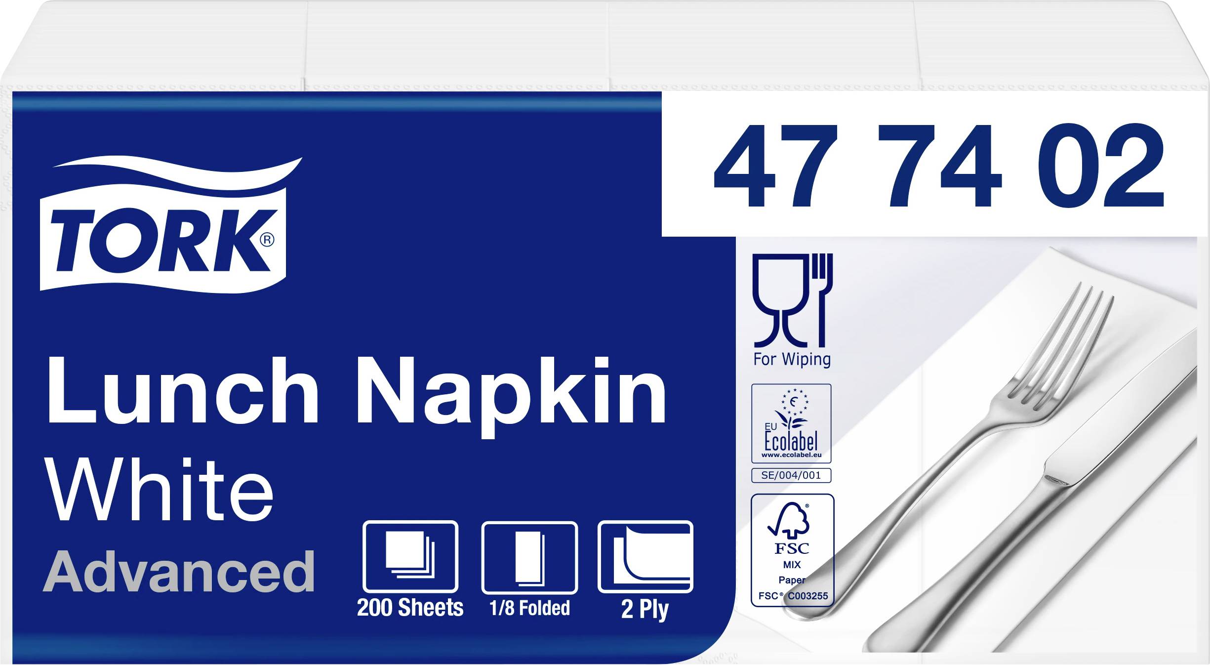 Förpackning med vita servetter 'Tork Lunch Napkin White Advanced', 200 st, 2-lagig. Bilden visar vikta servetter och bestick.