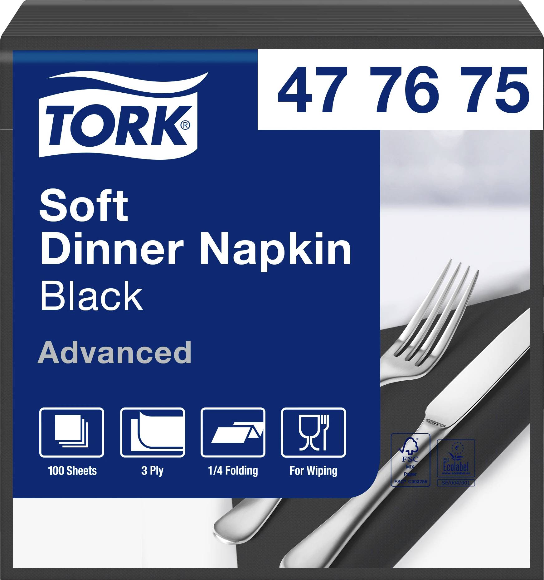 Förpackningen visar 'Tork Soft Dinner Napkin Black, Advanced' med 100 svarta servetter, tre lager, 1/4-vikt, artikelnummer 477675.