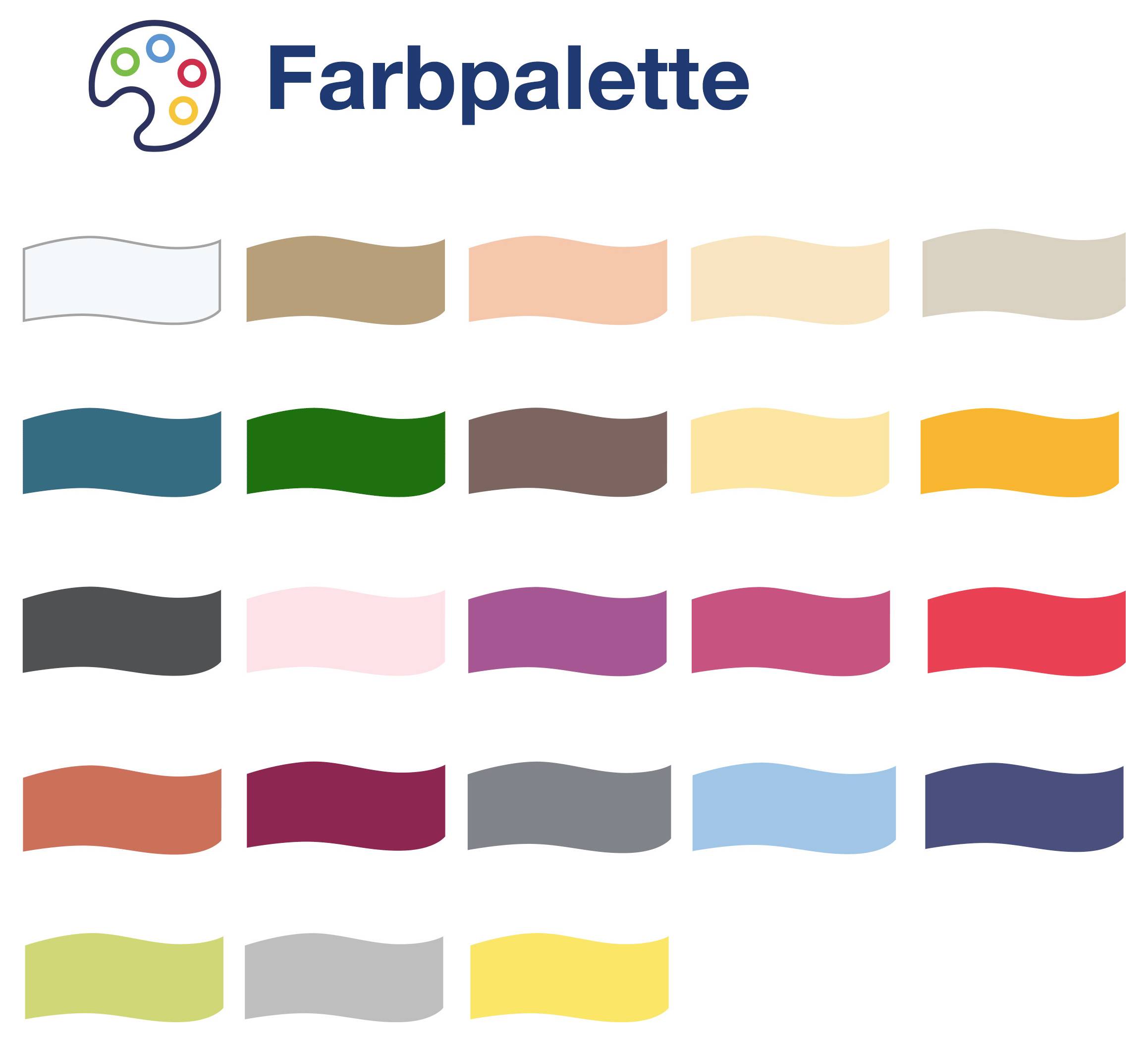 Färgpalett med 20 färgade, vågformade färgfält i fem rader, märkt med 'Färgpalett'.