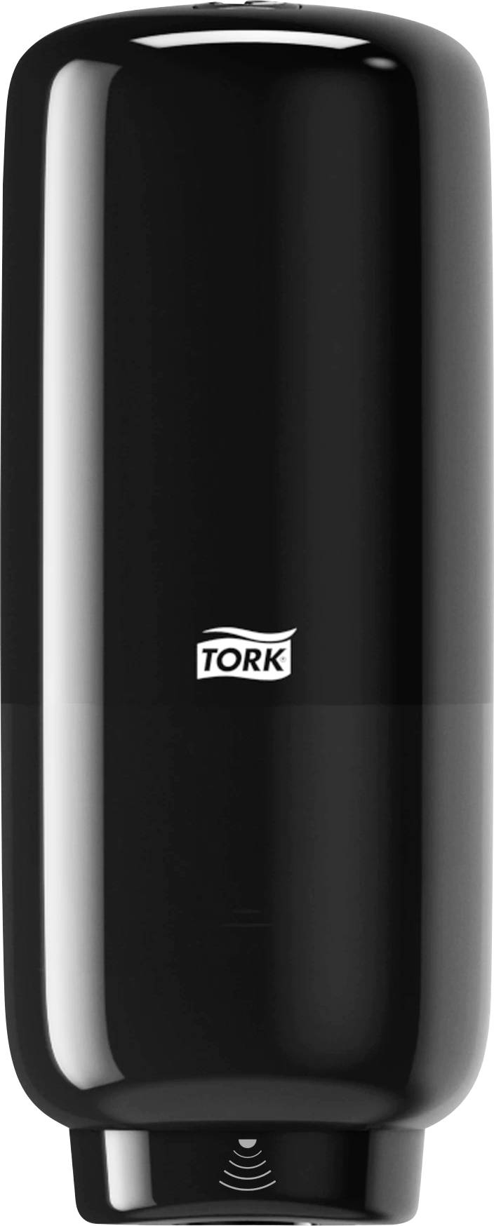 En svart, automatisk tvålbehållare från Tork för kontaktfri tvålutdelning, ofta använd på offentliga toaletter.