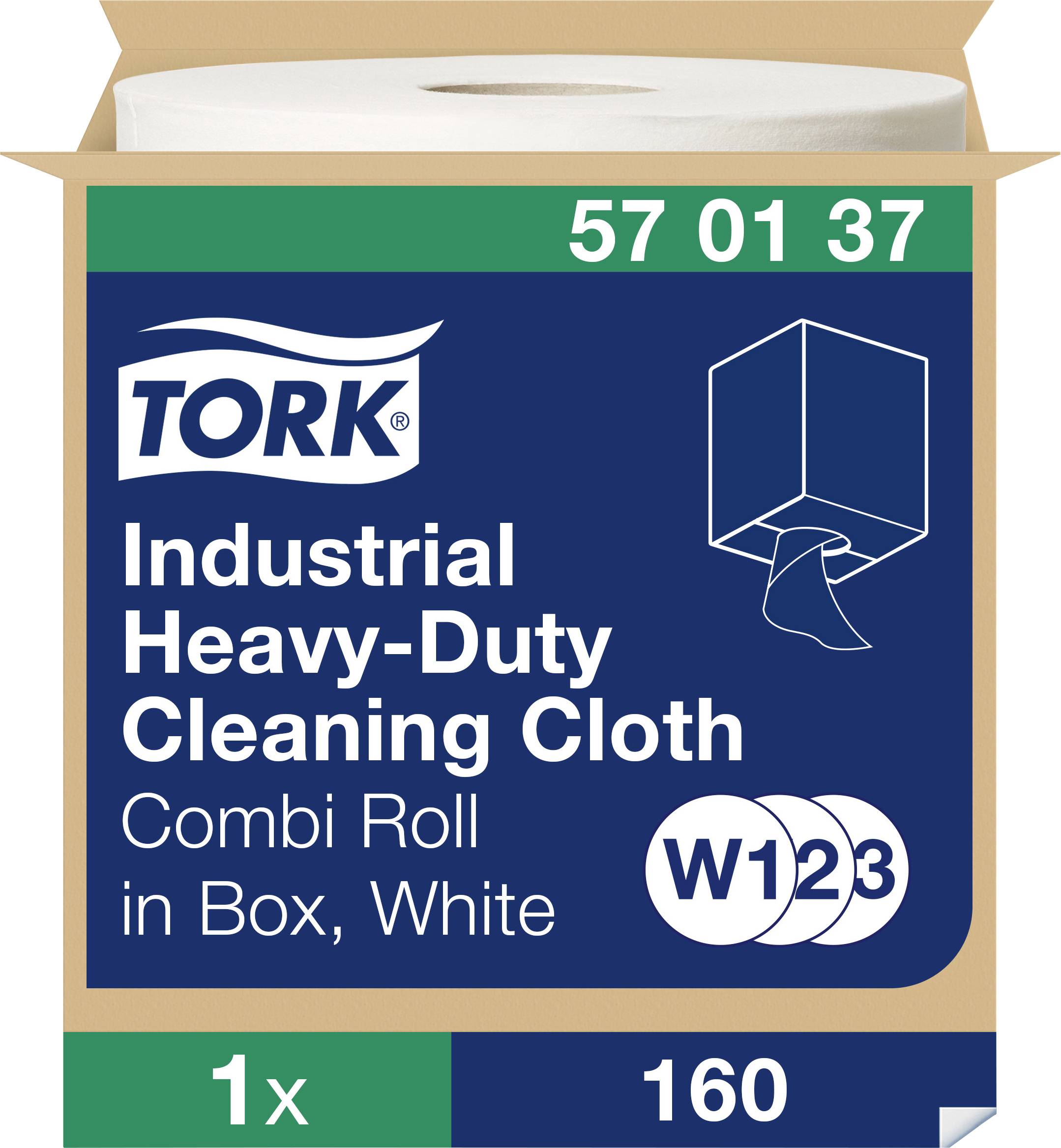 Tork Industrial Heavy-Duty Cleaning Cloth Combi Roll i låda, vit, med 1 rulle och 160 blad som visas på förpackningen.