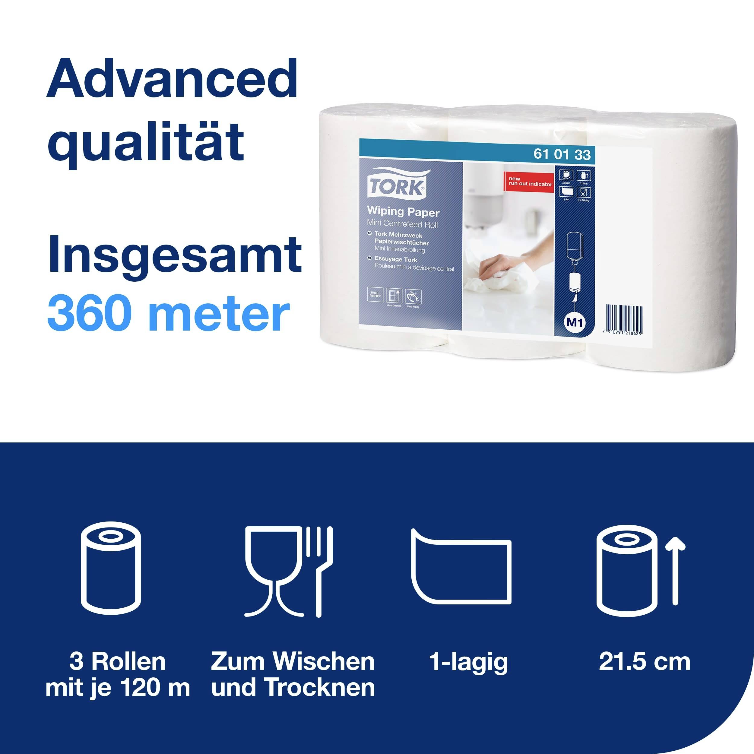 Tre rullar torkdukar, 1-skiktad, totalt 360 meter, för torkning och avtorkning, bredd 21,5 cm. Förpackningsinformation på höger sida.