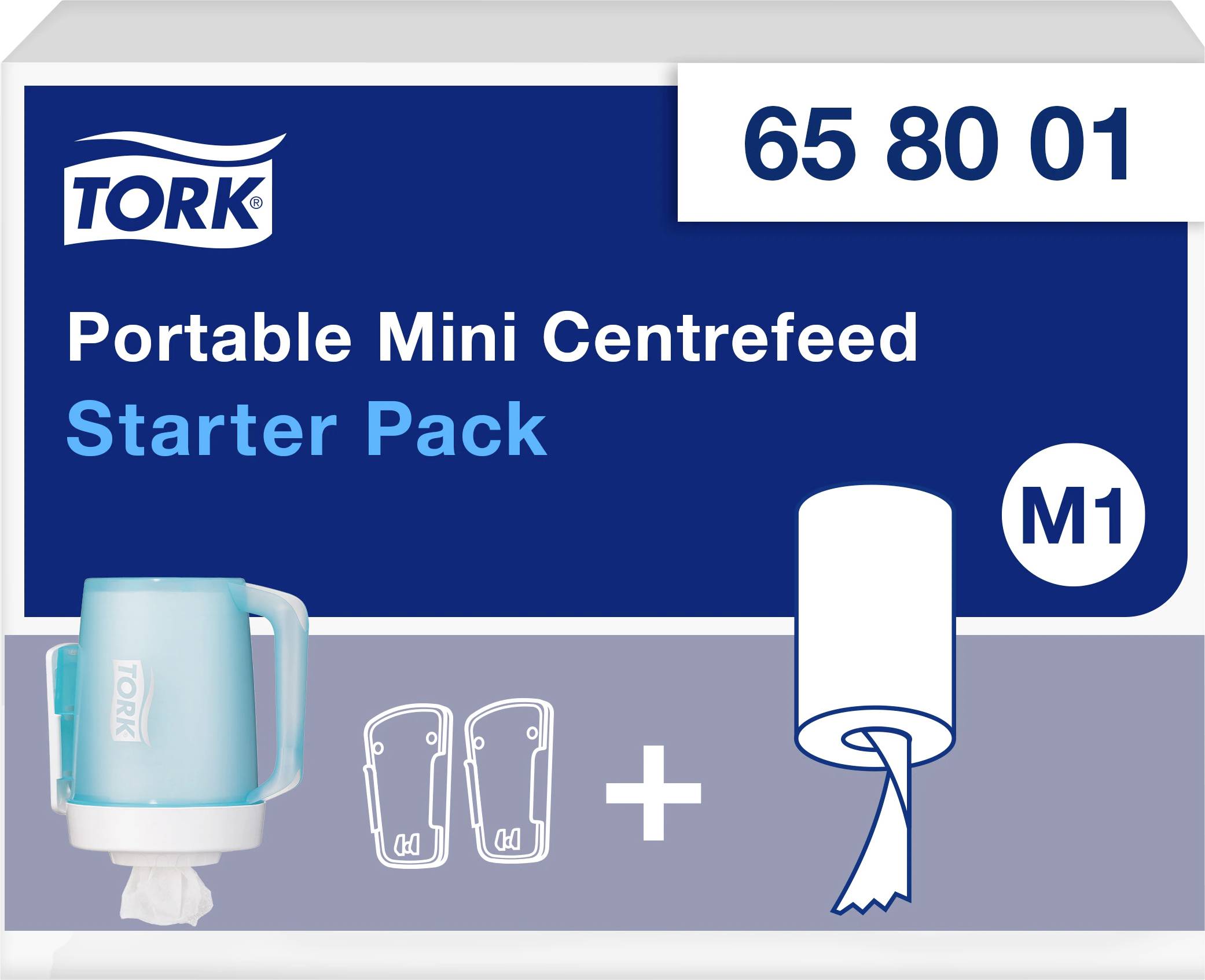 Låda med 'Tork Portable Mini Centrefeed Startpaket'. Innehåller dispenser och rullpapper, Modell M1, Artikelnummer 65 80 01.