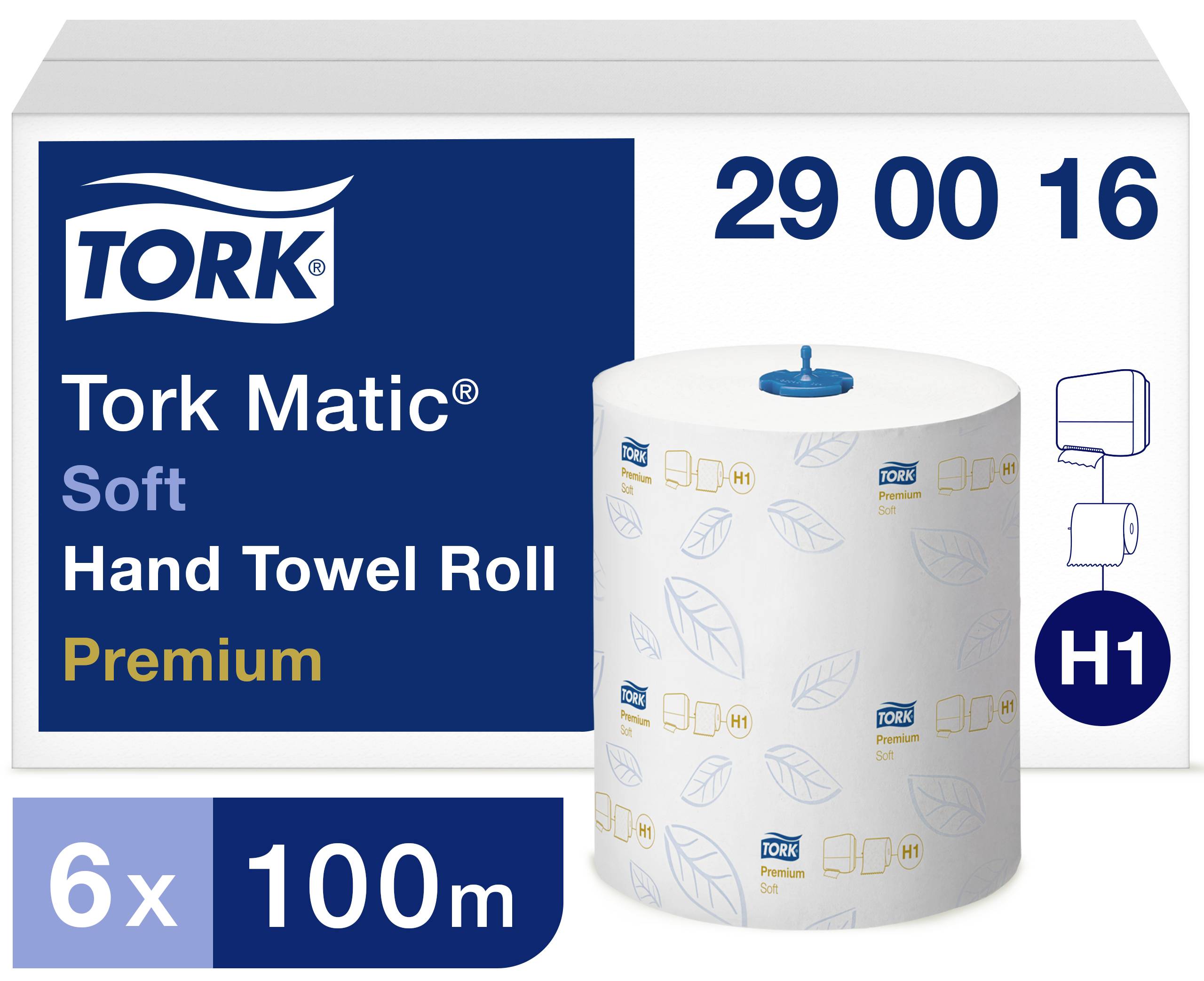 Förpackning med Tork Matic Soft handduksrullar, Premium, 6 rullar à 100 m, med blå veckning och bladdesign. Lämplig för H1-dispenser.