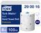 Förpackning med Tork Matic Soft handduksrullar, Premium, 6 rullar à 100 m, med blå veckning och bladdesign. Lämplig för H1-dispenser.