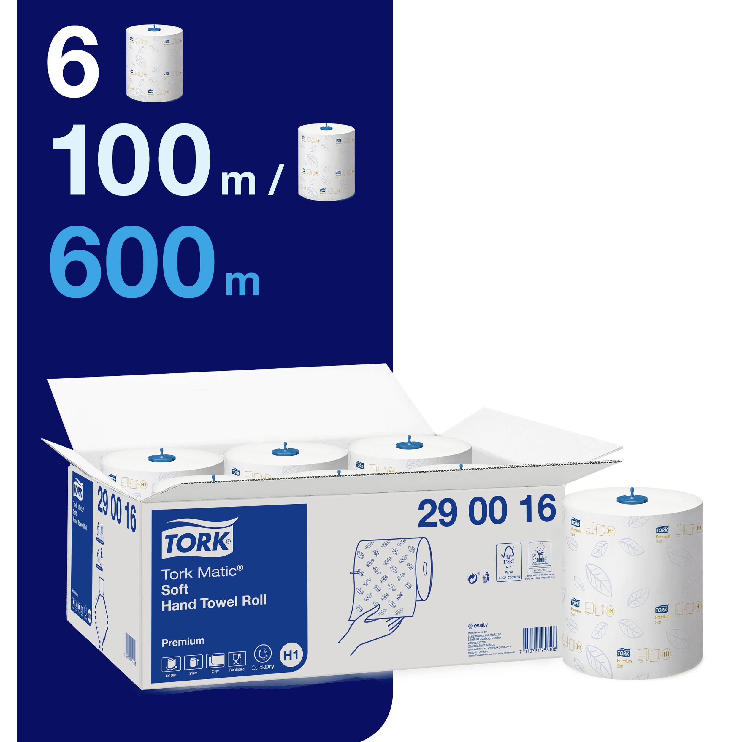 Sex packade Tork pappershanddukar, varje rulle 100 meter lång, totalt 600 meter, i öppnad kartong med produktlogotyp.