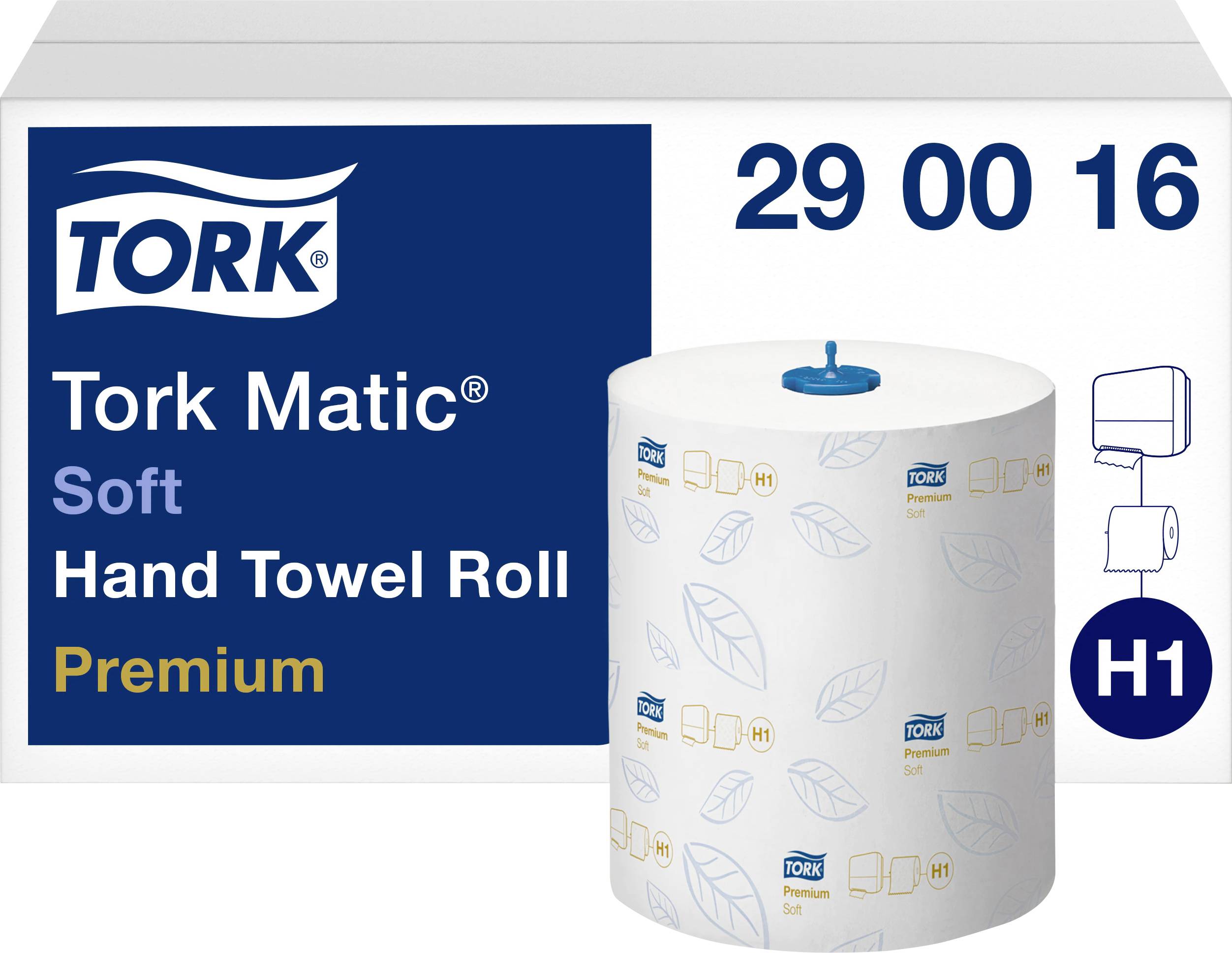 Kartong och rulle med Tork Matic Soft handduksrulle, premiumkvalitet, produktnummer 290016, lämplig för H1-dispenser.
