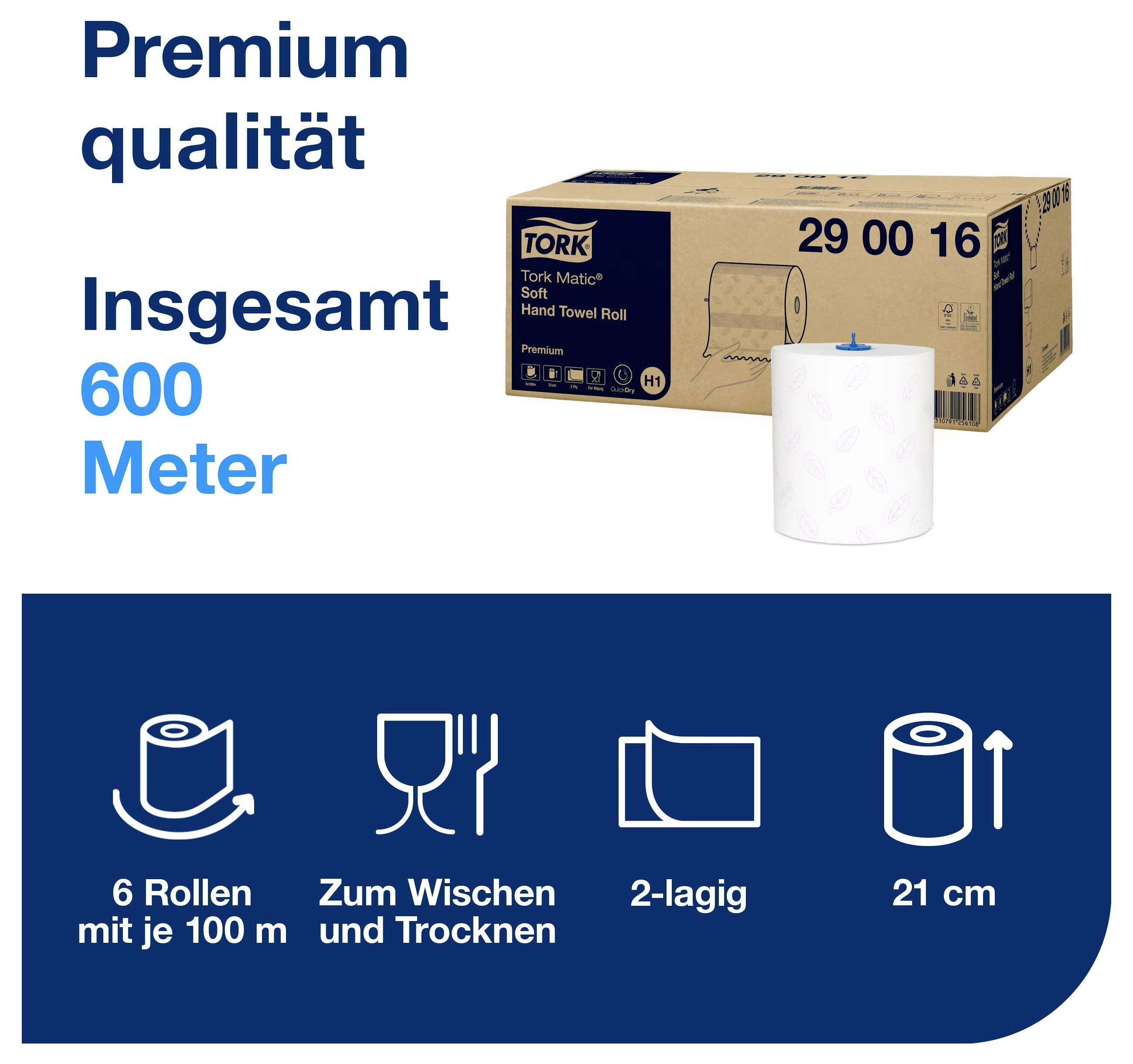 Reklamgrafik för Tork-Multifunktionspapper: Premiumkvalitet, totalt 600 meter; 6 rullar à 100 m, för torkning och avtorkning, 2-lager, 21 cm.