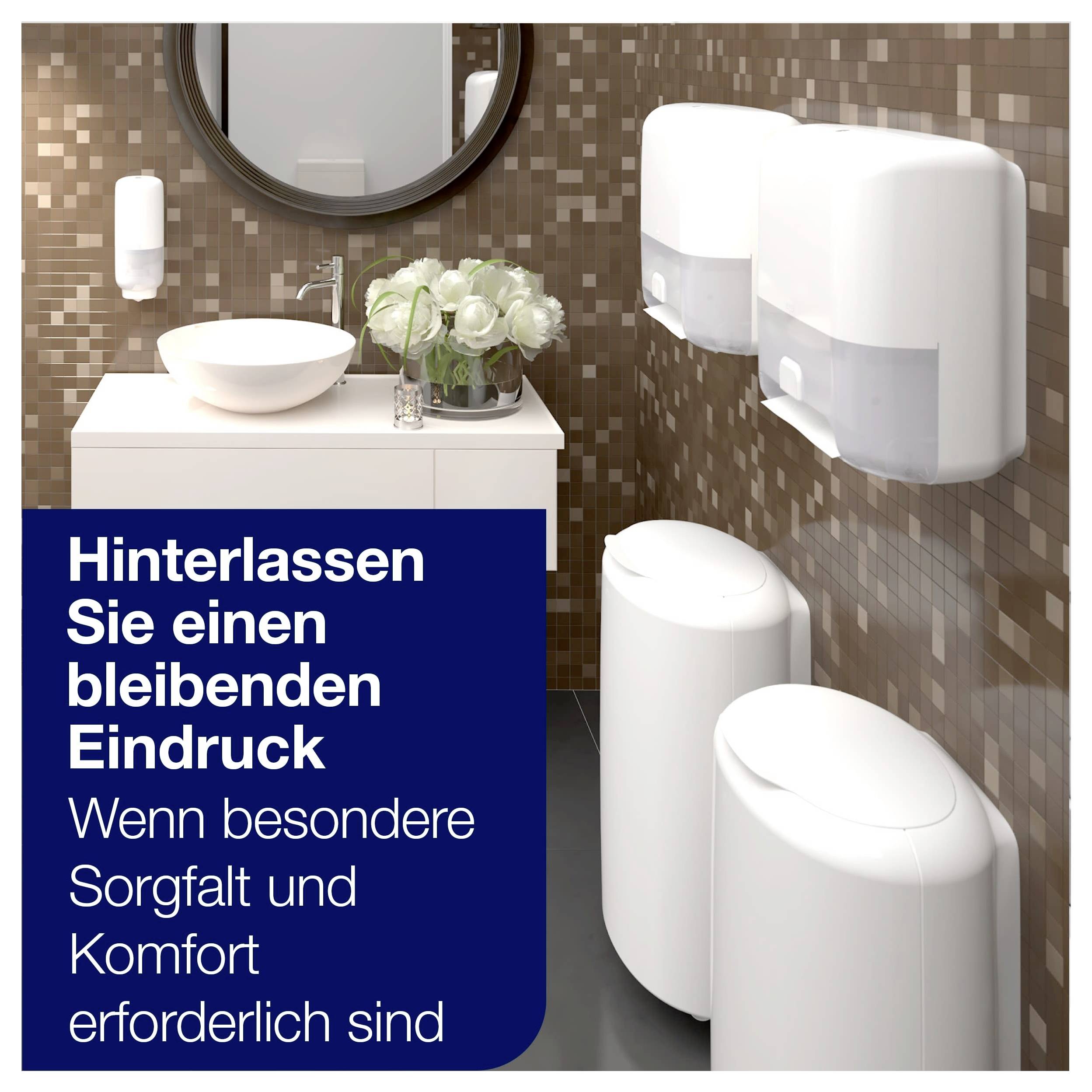 Badrum med handfat och beröringsfria dispensers; Text: 'Lämna ett bestående intryck. När särskild omsorg och komfort krävs'.