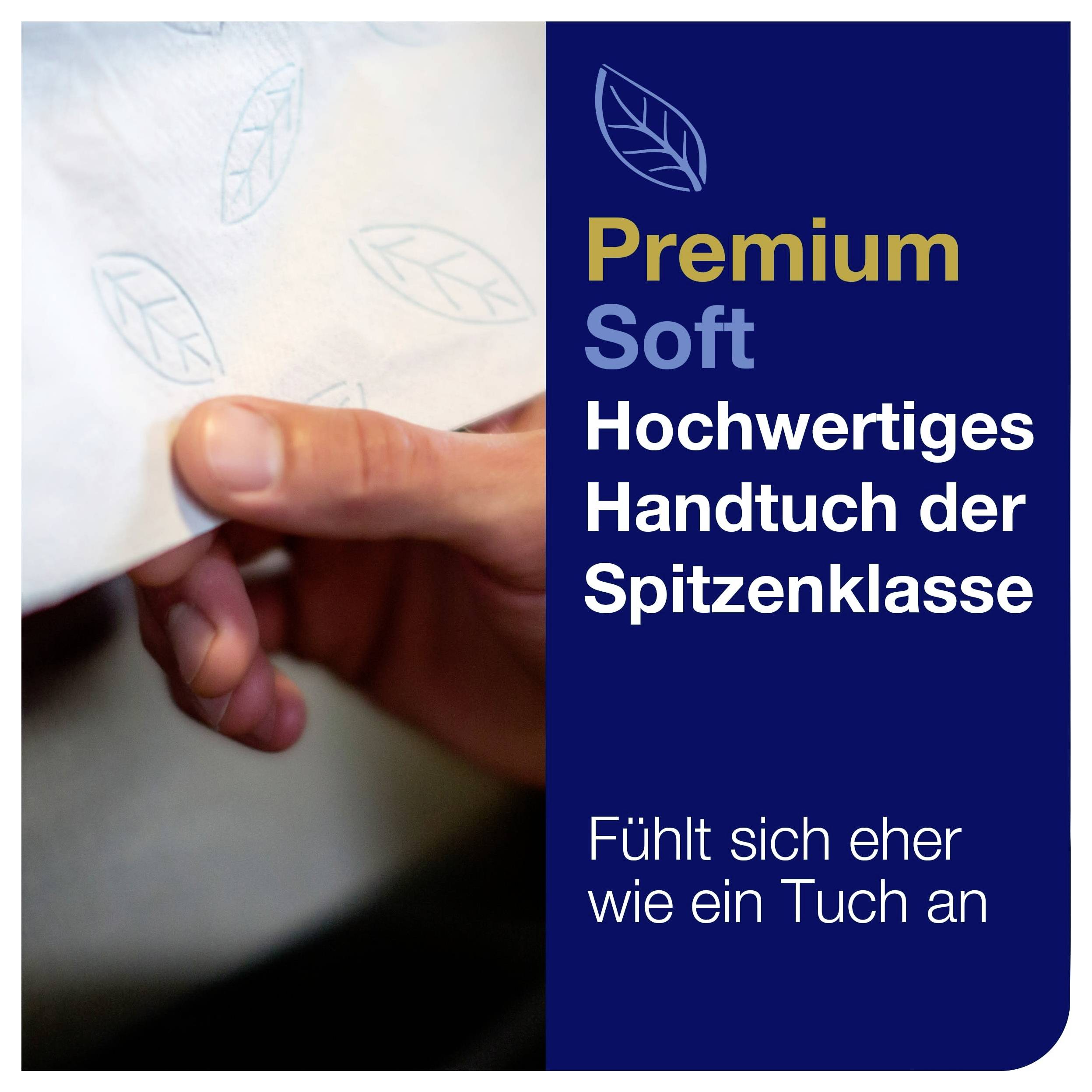 Reklam för Premium Mjuk Handduk: Hand håller mjukt tyg med bladmönster; Text "Högklassig handduk av toppkvalitet" och "Känns mer som ett tygstycke".