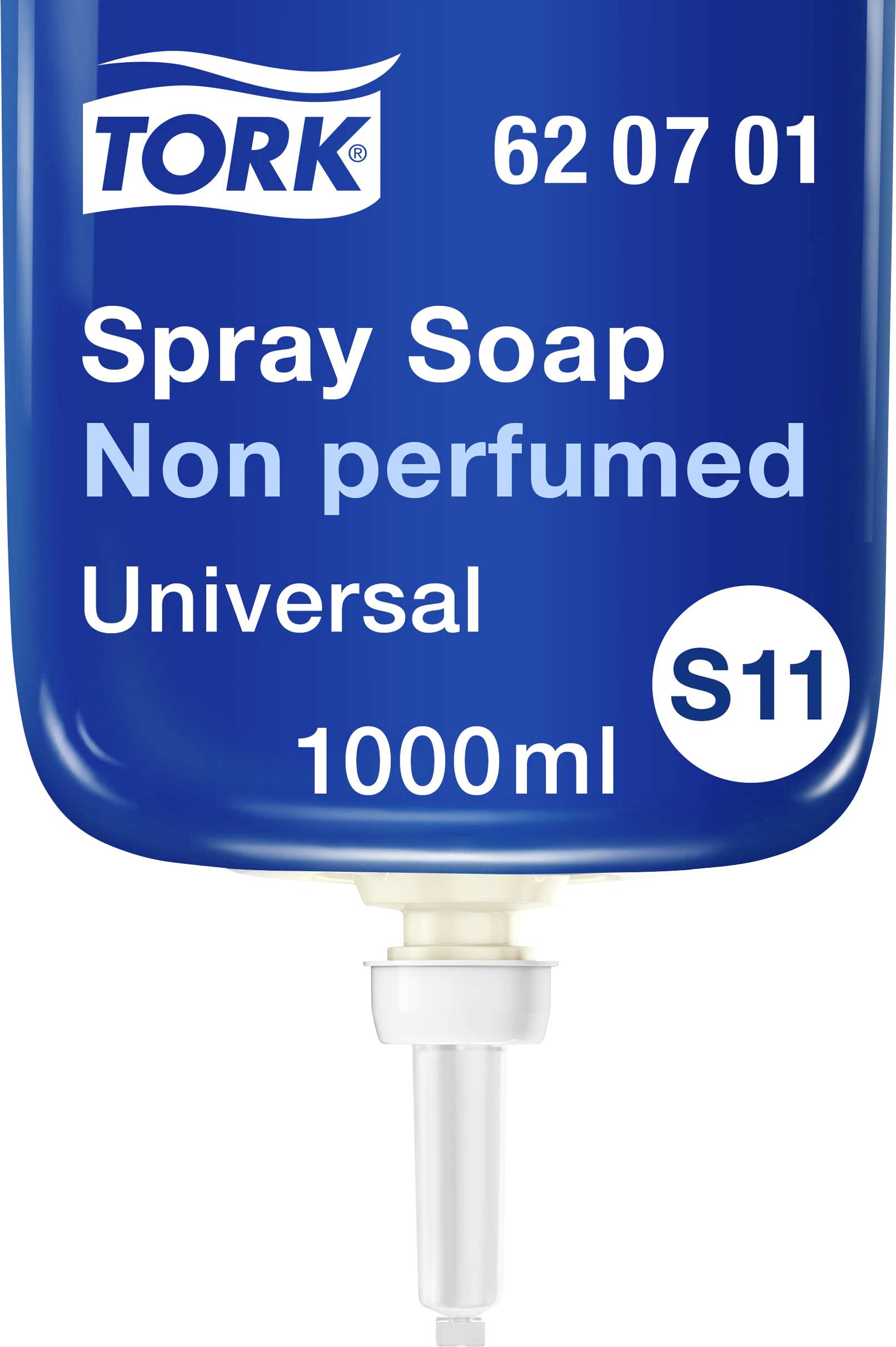 Tvålpump-etikett: 'Spray Soap Oparfymerad, Universal, 1000ml, S11, Tork, 62 07 01'.