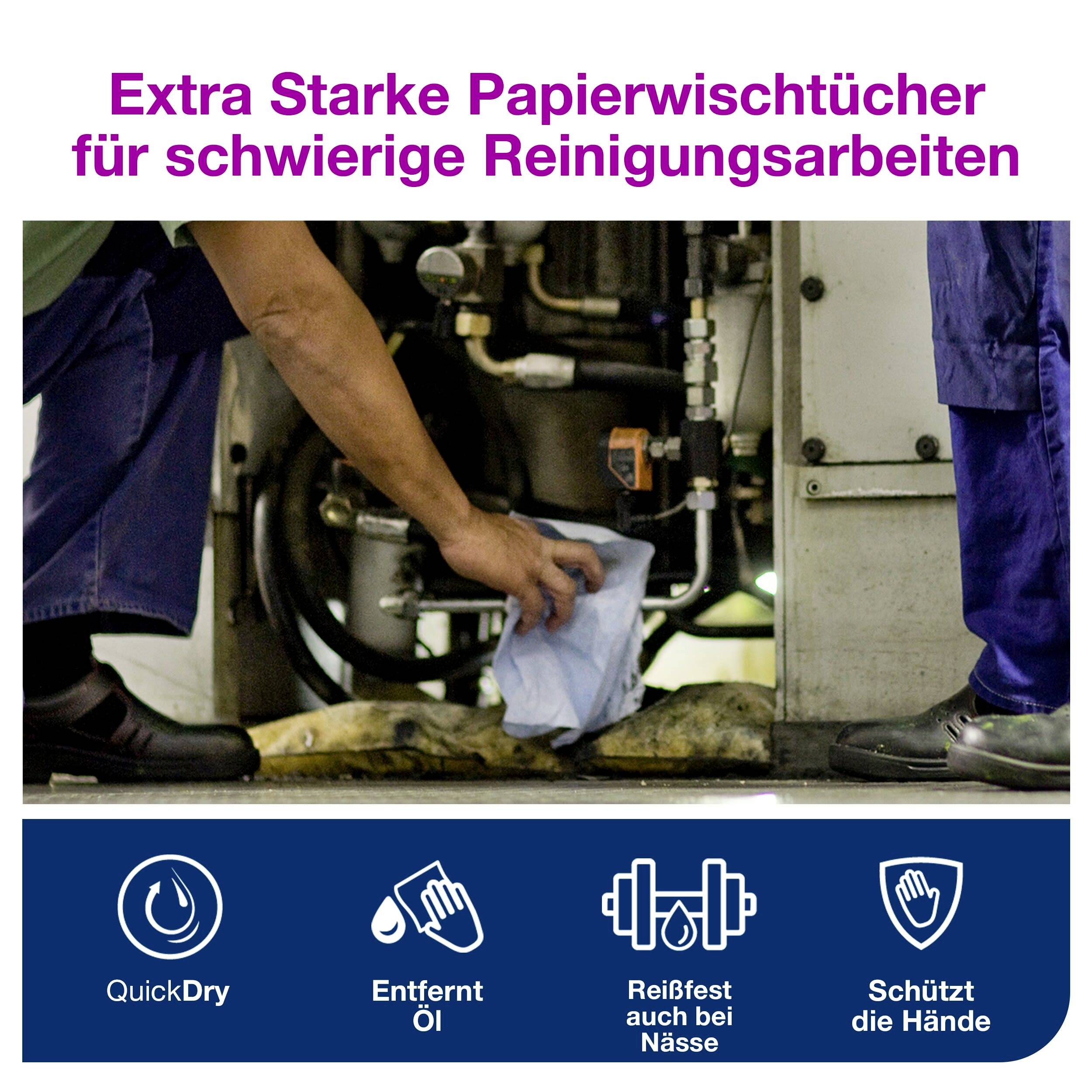 'Extra starka pappersdukar för svåra rengöringsuppgifter.' Person rengör maskin med trasa. Symboler: Snabbtorkande, oljeavlägsnande, slitstark vid fukt, handsydd skydd.