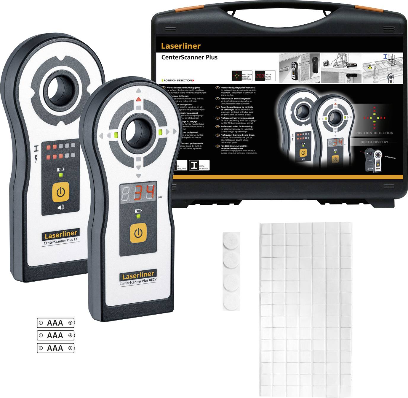 Koffersystem med två laserscannrar, batterier och tillbehör för exakt lokalisering av elledningar och metall i väggar.