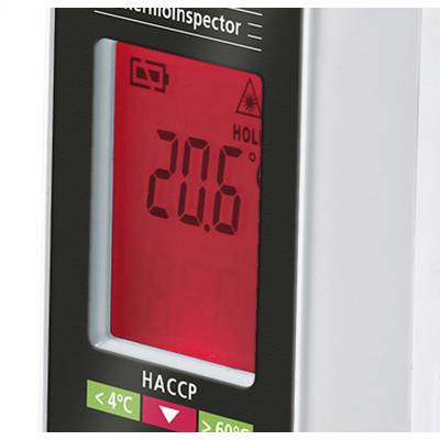 En röd display på ett temperaturmätinstrument visar '20,6' grader Celsius. Längst ner finns HACCP-kontrollindikator och symboler för temperaturintervall.