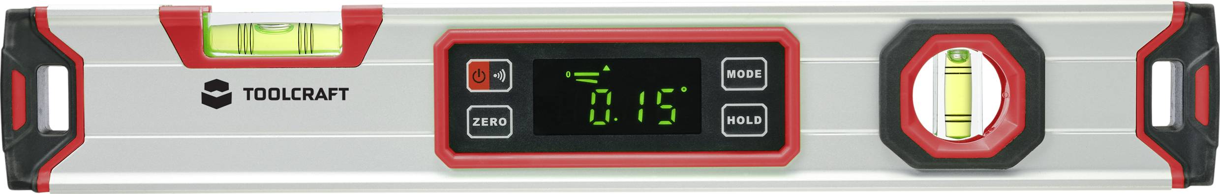 Vattenpass med digitalt display visar '0,15'. Två libeller syns vid sidan. Lämplig för precisionsinmätning.