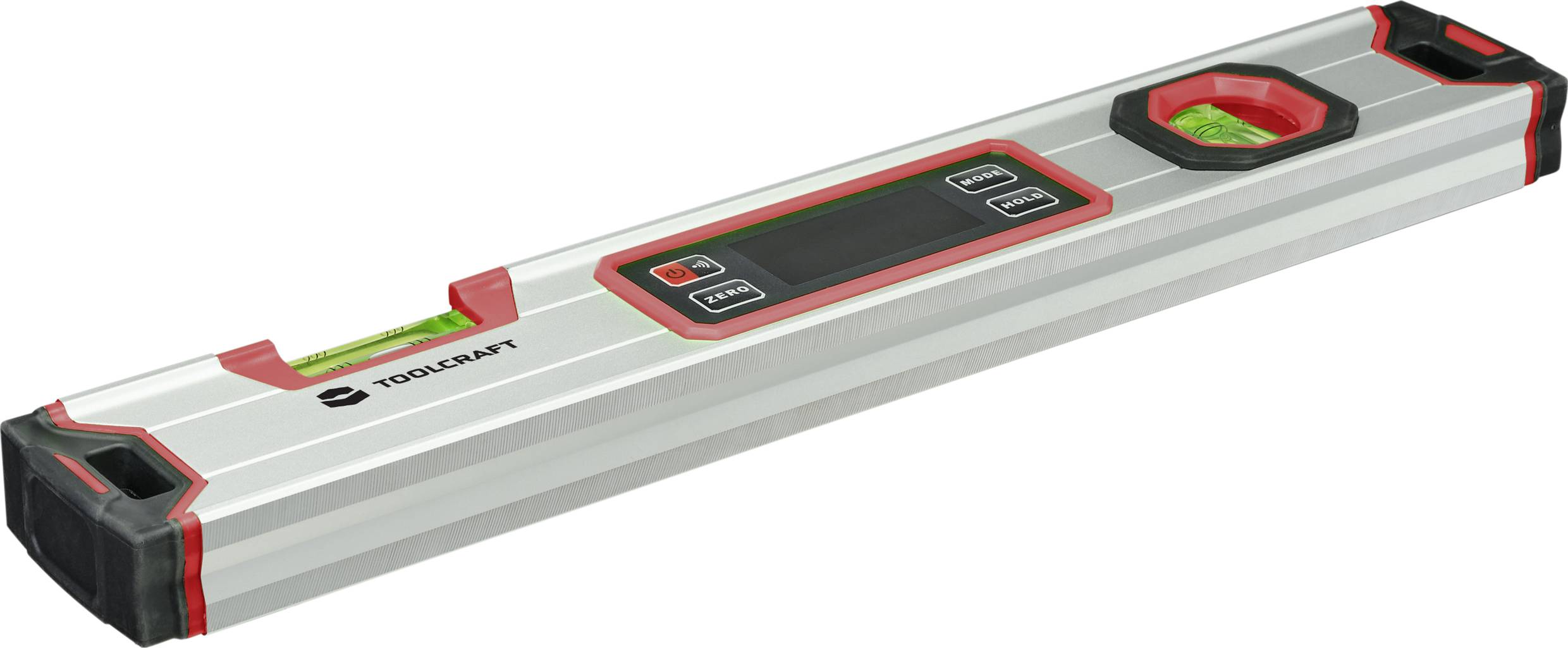 Vattenpass i metall med digitalt display, visar lutning i grader, grönt vätskefyllt libellrör för mätning av horisontell nivå.