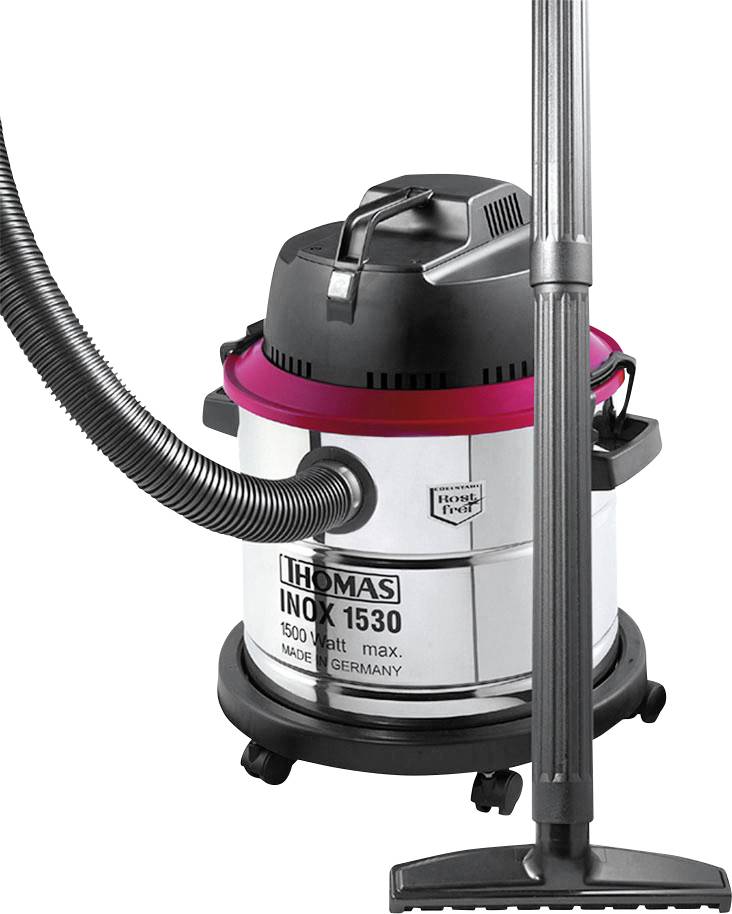 En Thomas Inox 1530 dammsugare med 1500 Watt. Den är silvergrå med röda accenter och har hjul samt en lång sugslang.