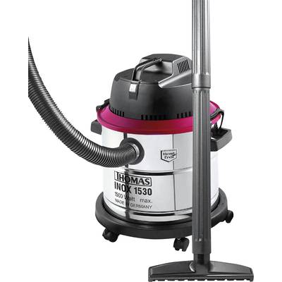 En Thomas Inox 1530 dammsugare med 1500 Watt. Den är silvergrå med röda accenter och har hjul samt en lång sugslang.