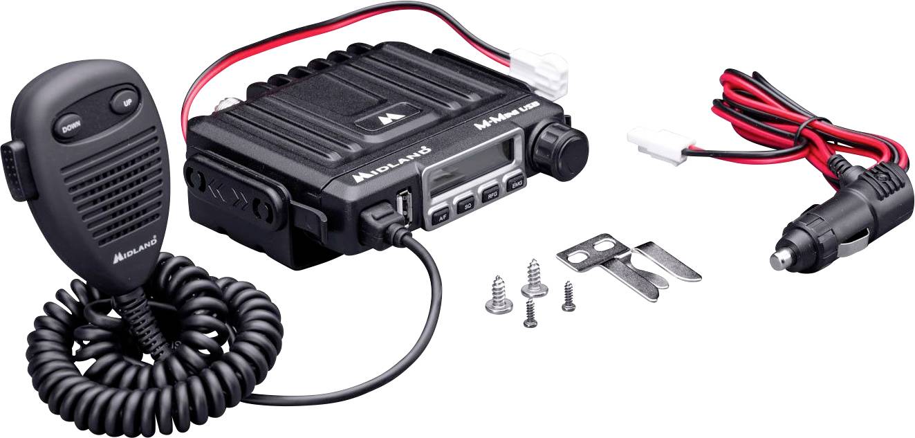 CB-radio med mikrofon, strömkablar, skruvar och fäste. Designad för mobil kommunikation, lämplig för fordon.