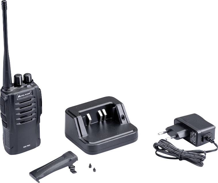Radioapparat med antenn, laddare, klämma och nätadapter. Lämplig för kommunikation över korta avstånd.
