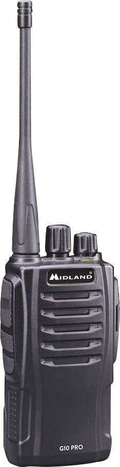 Handhållen walkie-talkie Midland G10 PRO i svart, stående med antenn och kontrollknappar. Lämplig för kommunikation utomhus.