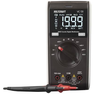 Digitalt multimeter med stor display visar '19.99'. Innehåller röd och svart mätsladd. Märke: Voltcraft Modell: VC 131.