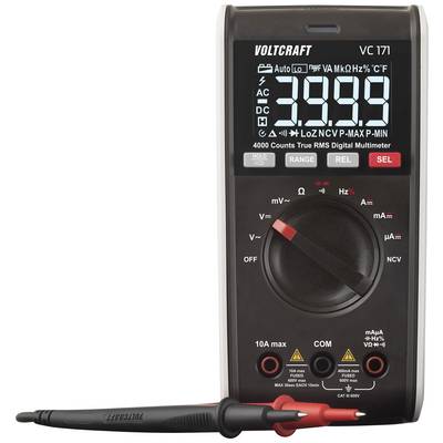 Digitalt multimeter med LCD-display som visar 3999. Funktionsknappar för mätområde, spänning, ström, resistans. Märkt som Voltcraft VC 171.