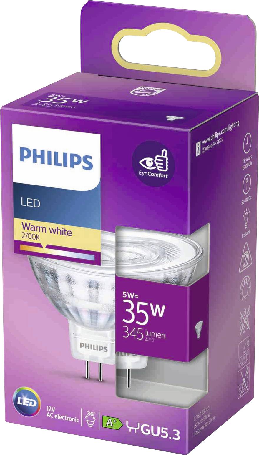LED-lampa från Philips med 35 watt, varmt vitt ljus (2700K), 345 lumen, kompatibel med GU5.3-sockel, energieffektivitetsklass A.