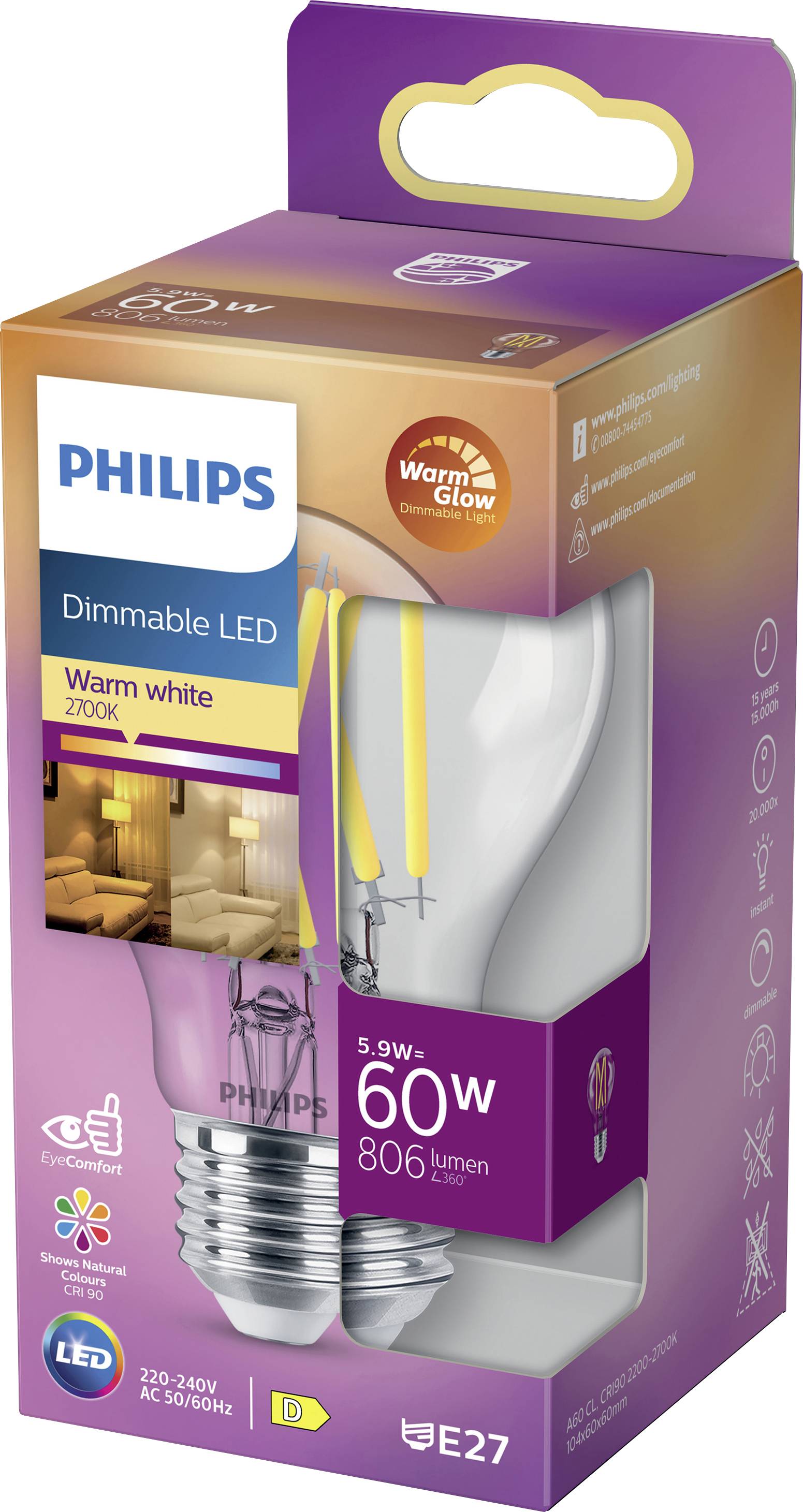 Philips LED-glödlampa: dimbar, varmvit, 5,9W motsvarar 60W, 806 lumen, E27-sockel. Förpackningsdesign visar belysningseffekt.