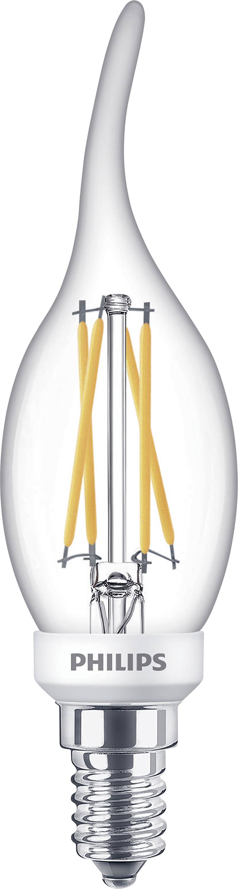 LED-stearinljus i flamform från Philips med klar glasskärm. Den har ett E14-gängat sockel och visar inre filament.