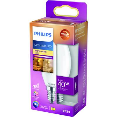 Förpackning för en dimbar LED-glödlampa från Philips med varmvitt ljus (2700K), 3,4 W, motsvarar 40 W, 470 lumen, sockel E14.