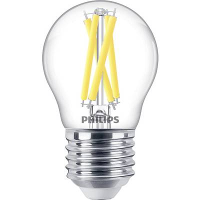 LED-glödlampa med filamentdesign, genomskinligt glas och silvrig sockel. Varumärke på glaset. Energieffektiv och modern.