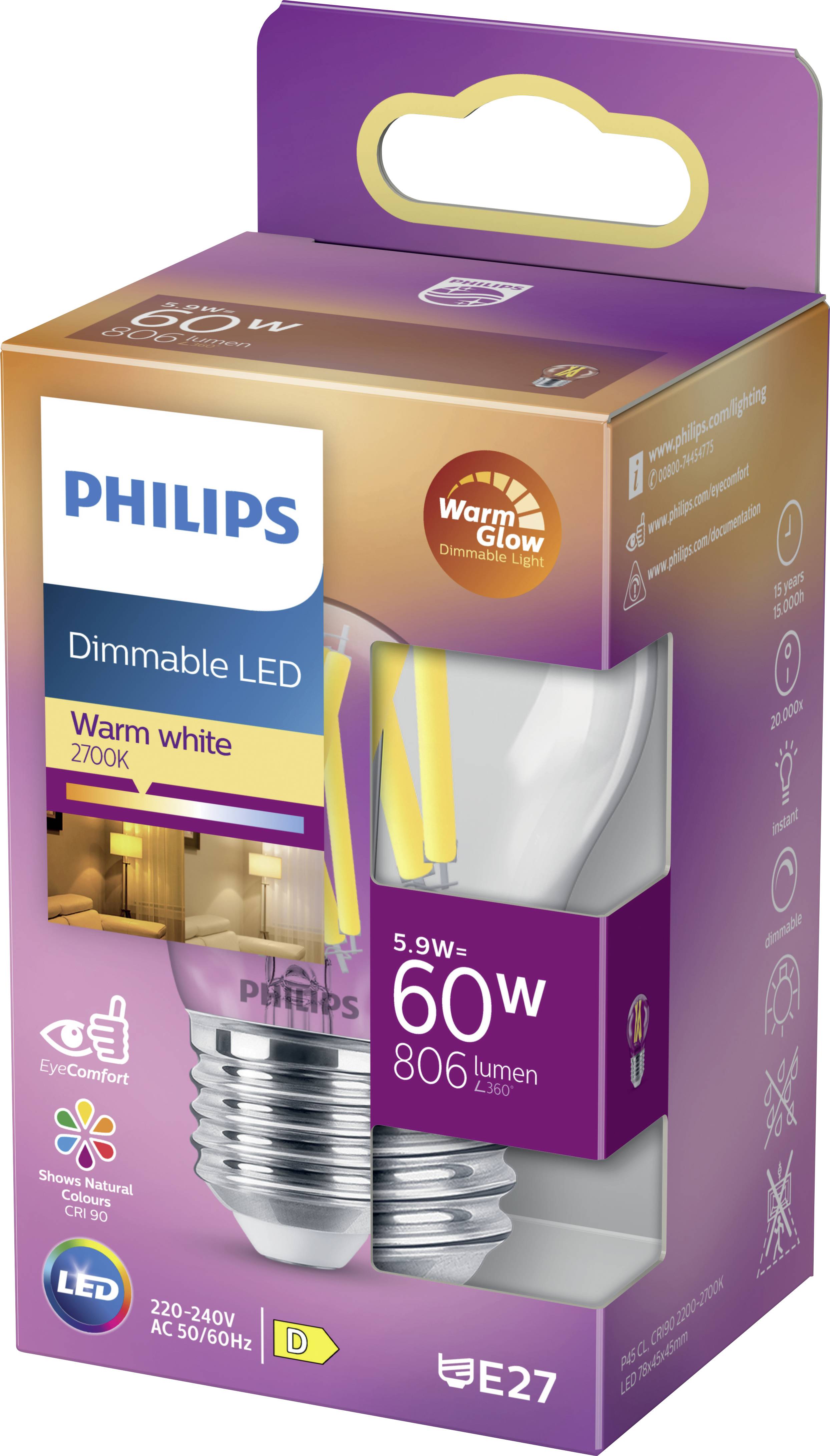 Förpackning för Philips dimbar LED-glödlampa, 5,9W motsvarar 60W. Varmt vitt ljus, E27, 806 lumen.