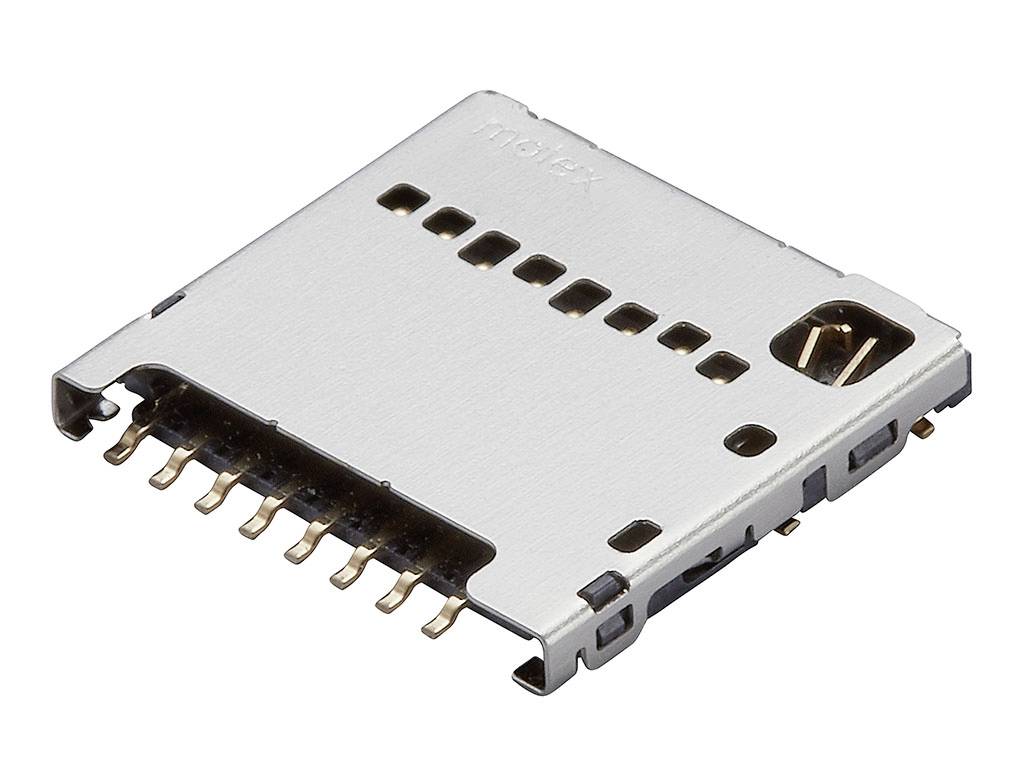 Metallisk microSD-kortplats med sidokontakter och öppna urtag.