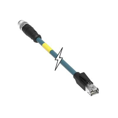 En grön-gul Ethernet-kabel med ett blixtsymbol i mitten som symboliserar snabb dataöverföring eller nätverksanslutning.