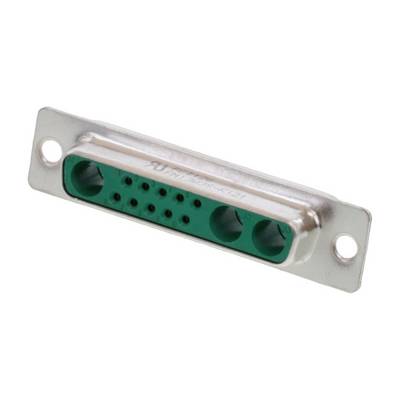 Metallisk D-Sub-kontakt med grön plastmontering och flera stift, lämplig för elektroniska anslutningar.