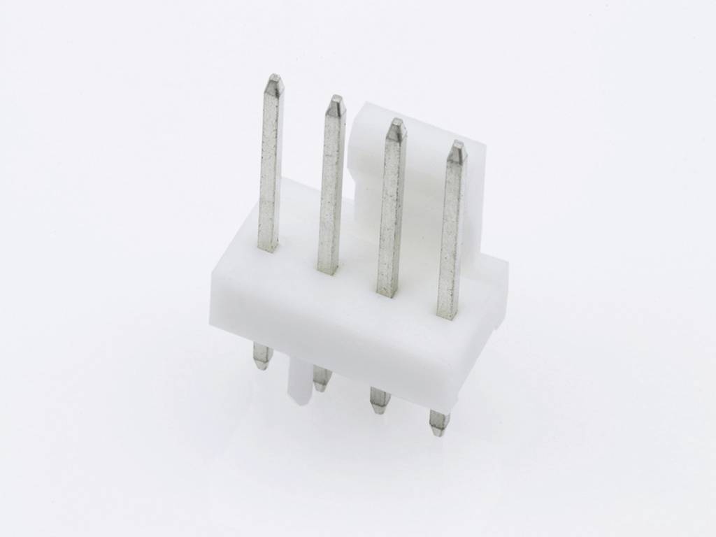 En vit plastpropp med fem långa silvermetallstift ordnade i en rad. Bakgrunden är vit.