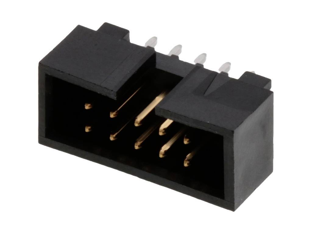 En svart, rektangulär kontakt med flera metallkontakter, lämplig för elektroniska anslutningar på kretskort.