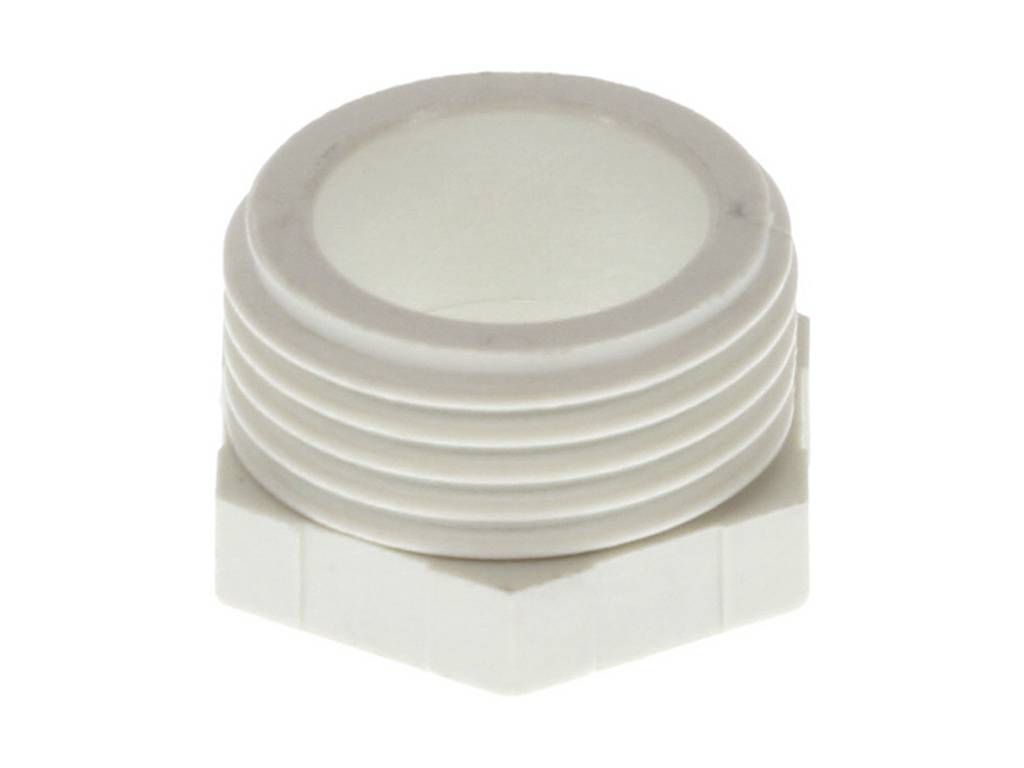 Rundad, vit plastdetalj med gänga och plan ovansida.