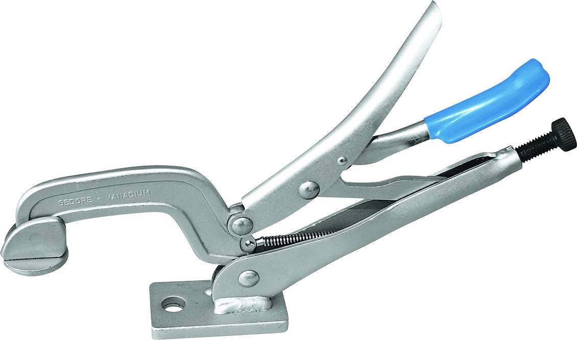 Snabbspännande metalltvingar med blått handtag. Lämplig för snabb och säker fastklämmning vid hantverks- eller industriarbeten.