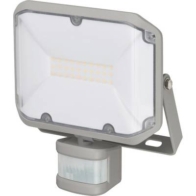 LED-strålkastare med integrerad rörelsesensor, visad i en grå utomhusfäste